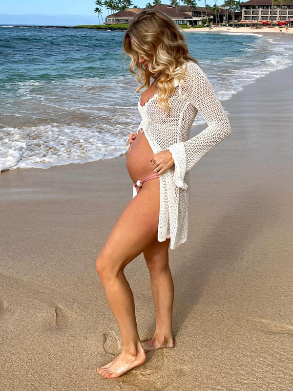 Momsmood White 2-in-1 3D Flower Tie Ruffle Slit Flare Sleeve Fashion Beach Vacation Cover Up Photoshoot Maternity Mini Dress