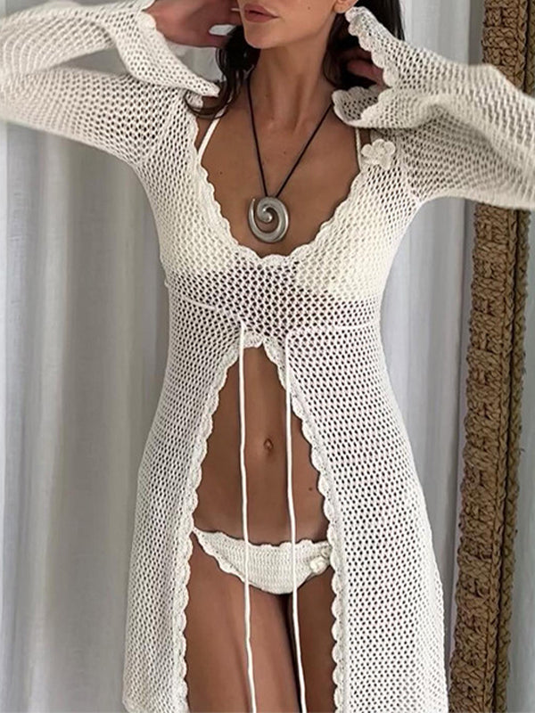 Momsmood White 2-in-1 3D Flower Tie Ruffle Slit Flare Sleeve Fashion Beach Vacation Cover Up Photoshoot Maternity Mini Dress