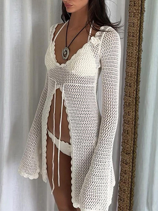 Momsmood White 2-in-1 3D Flower Tie Ruffle Slit Flare Sleeve Fashion Beach Vacation Cover Up Photoshoot Maternity Mini Dress