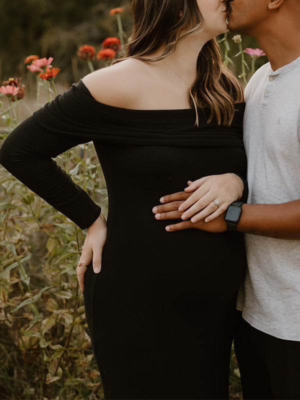 Momsmood Off Shoulder Knit Bodycon Mermaid Going Out Baby Shower Maternity Sweater Maxi Dress