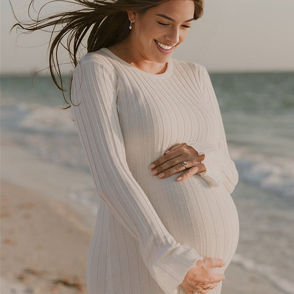 Momsmood Solid Color Sashes Knit Lace-up High Waist Going Out Photoshoot Maternity Sweater Maxi Dress