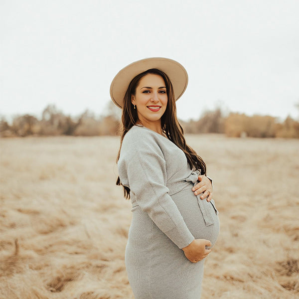 Momsmood Knit Solid Color Sashes V-Neck Double Split Backless Bodycon Photoshoot Maternity Sweater Midi Dress