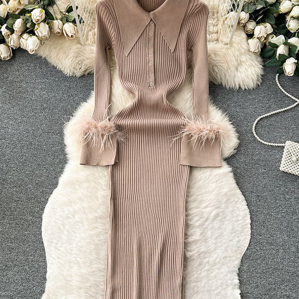 Momsmood Feather Slit Flare Sleeve Turndown Collar Bodycon Photoshoot Baby Shower Maternity Maxi Sweater Dress