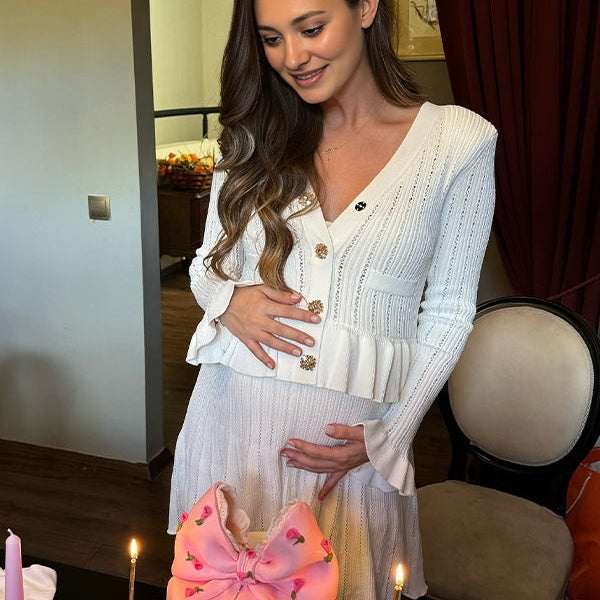 Momsmood White Buttons Ruffle Knit Cut Out Elegant Baby Shower Maternity Mini Sweater Dress