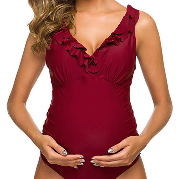 Momsmood Plus Size One Piece Falbala High Waisted Swimsuit Ruffles Deep V-neck Backless Push Up Bathing Suits Elegant Maternity Baby Moon Swimwear