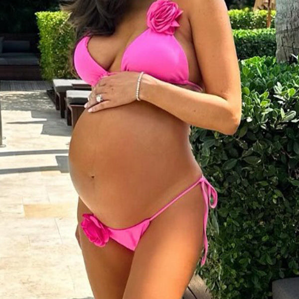 Momsmood Rose Carmine 3D Flower Bikini Set Two Piece Beach Vacation Fashion Maternity Swimsuit Swimwear