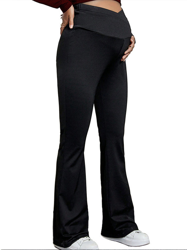 Momsmood Black Over The Belly Flare Bell Bottom High Waisted Work Cozy Pants Casual Maternity Trousers