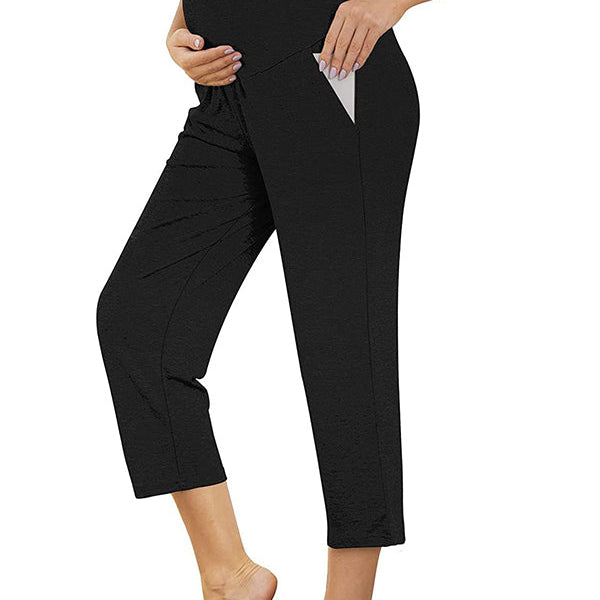 Momsmood Solid Color Over The Belly Pockets High Waisted Workout Cozy Straight Pants Casual Maternity Trousers