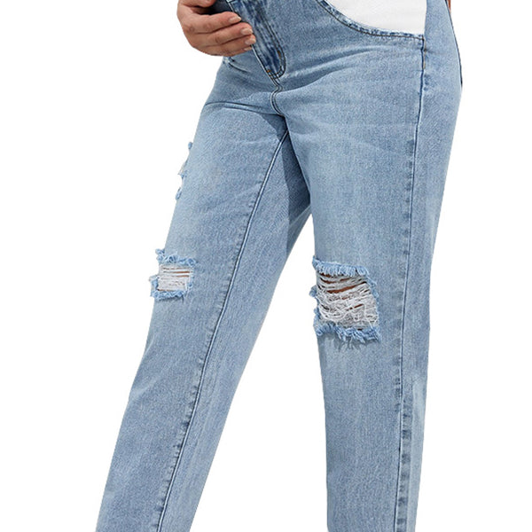 Momsmood Straight Leg Comfy Stretch Low-Rise Ripped Distressed Denim Pregnancy Pants Casual Boyfriend Maternity Jeans
