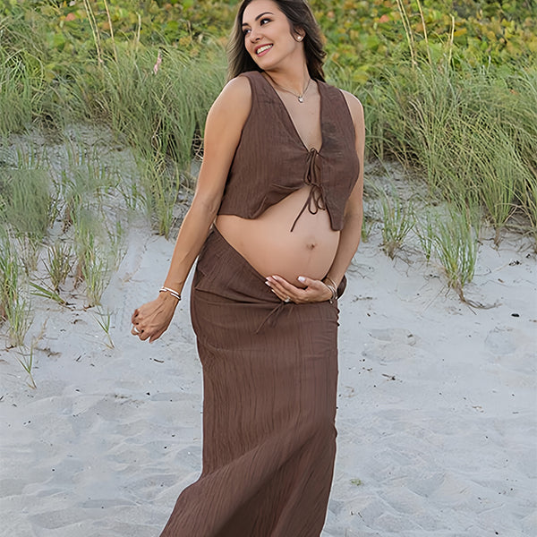 Momsmood Maroon 2-in-1 Tie Drawstring Solid Color Vacation Photoshoot Baby Shower Maternity Maxi Dress