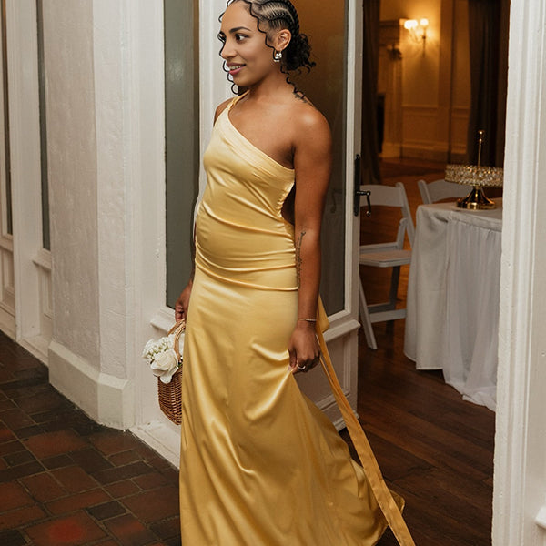 Momsmood Yellow One Shoulder Backless Tie Mermaid Evening Gown Photoshoot Baby Shower Maternity Maxi Dress