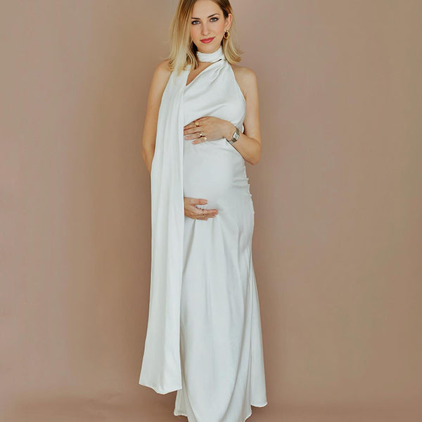 Momsmood White Draped Sleeveless Mermaid Bodycon Elegant Maternity Photoshoot Maxi Dress