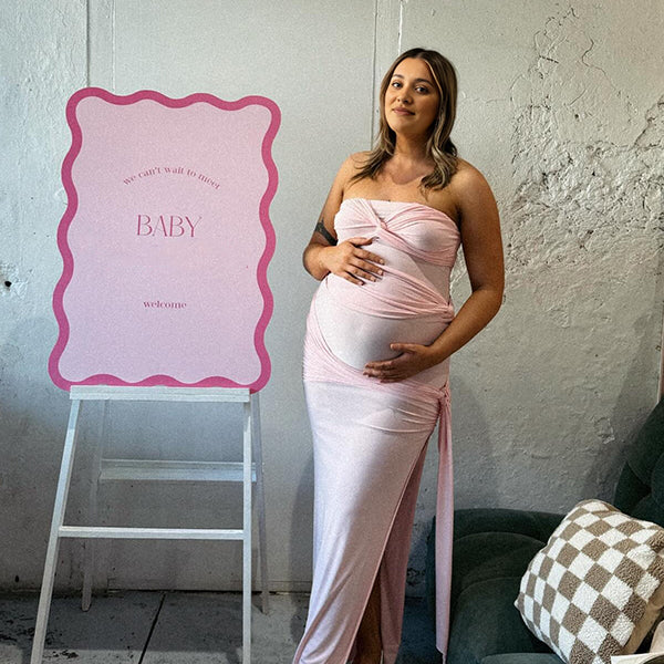 Momsmood Pink Bandeau Ruched Knot Tie Side Slit Draped Strapless Bodycon Elegant Maternity Photoshoot Baby Shower Maxi Dress