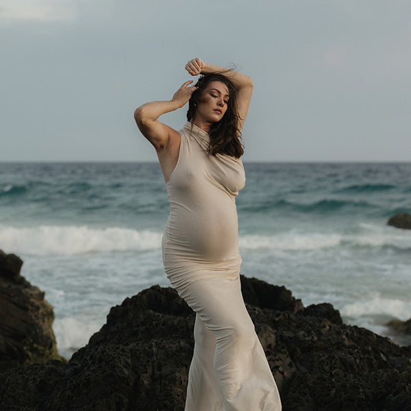 Momsmood Apricot One Shoulder Ruched Mermaid Bodycon Elegant Maternity Photoshoot Maxi Dress