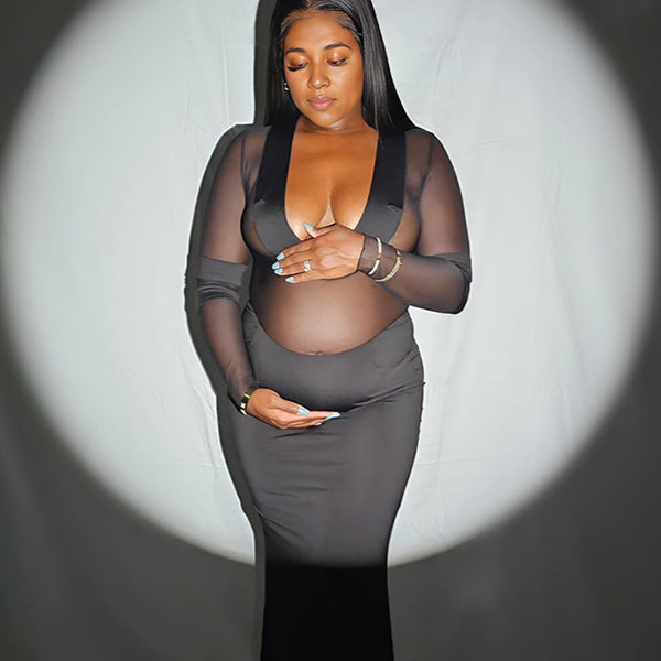 Momsmood Black Mesh Patchwork Plunging Neckline Mermaid Bodycon Sheer Elegant Maternity Photoshoot Maxi Dress