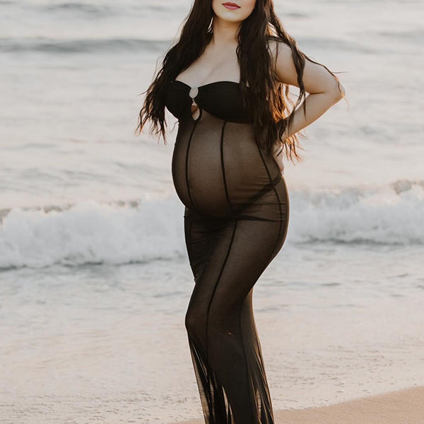 Momsmood Black Mesh Bandeau Metal Buckle Cut Out Strapless Bodycon Sheer Elegant Maternity Photoshoot Maxi Dress