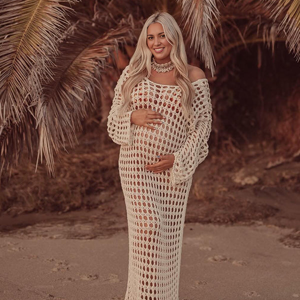 Momsmood Apricot Hollow Out Knitted Off Shoulder Baby Moon Beach Cover Up Elegant Sheer Maternity Photoshoot Maxi Dress