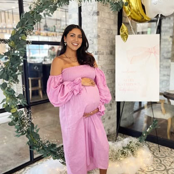 Momsmood Pink Off Shoulder Smocked Ruffle Falbala A-line Puff Sleeve Elegant Maternity Baby Shower Maxi Dress