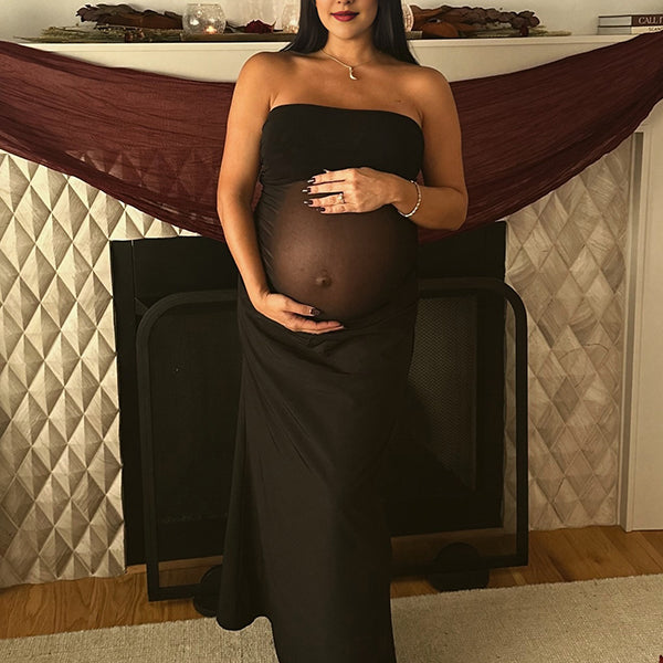 Momsmood Black Mesh Patchwork Bandeau Strapless Bodycon Elegant Maternity Photoshoot Maxi Dress