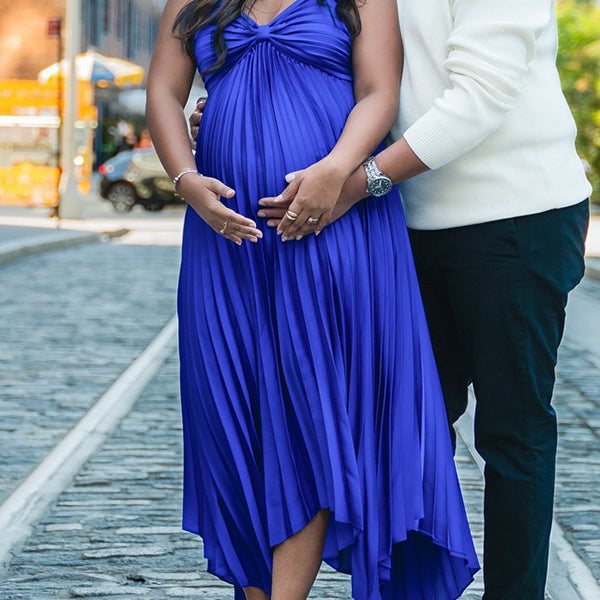 Momsmood Royal Blue Satin Pleated Cami Big Swing Irregular Hem Elegant Maternity Photoshoot Maxi Dress