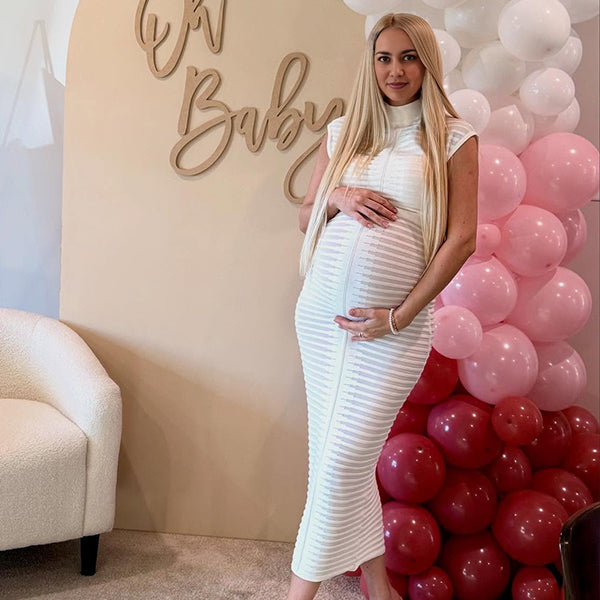 Momsmood White Knitted Stripe Back Slit Bodycon Elegant Maternity Baby Shower Maxi Dress