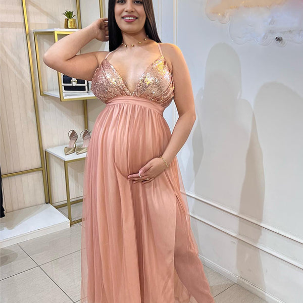 Momsmood Glitter Sequin Tulle Side Slits Big Swing Cami Backless Elegant Maternity Baby Shower Maxi Dress