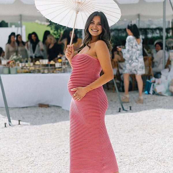 Momsmood Striped Knitted Bandeau Strapless Bodycon Elegant Maternity Baby Shower Maxi Dress