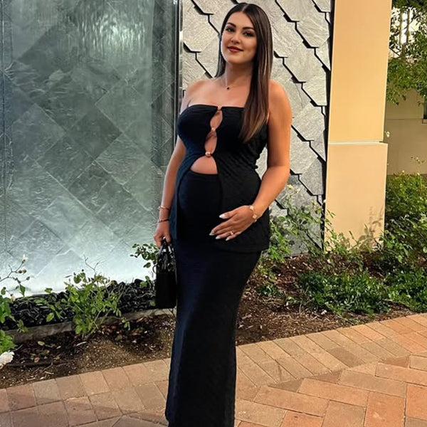 Momsmood Black Two Piece Set Bandeau Cut Out Crop Top And Bodycon Skirt Elegant Maternity Going Out Maxi Dress
