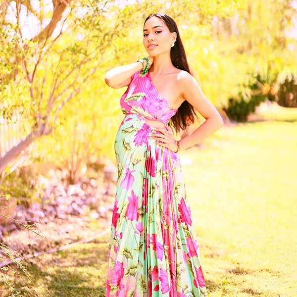 Momsmood Satin Floral Pleated Cut Out One Shoulder Elegant Maternity Photoshoot Maxi Dress