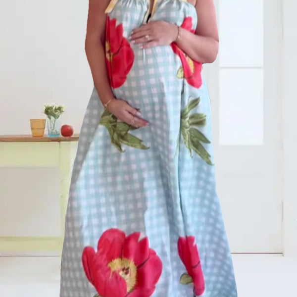 Momsmood Plaid Flowers Shoulder-Strap Photoshoot Maternity Maxi Dresses