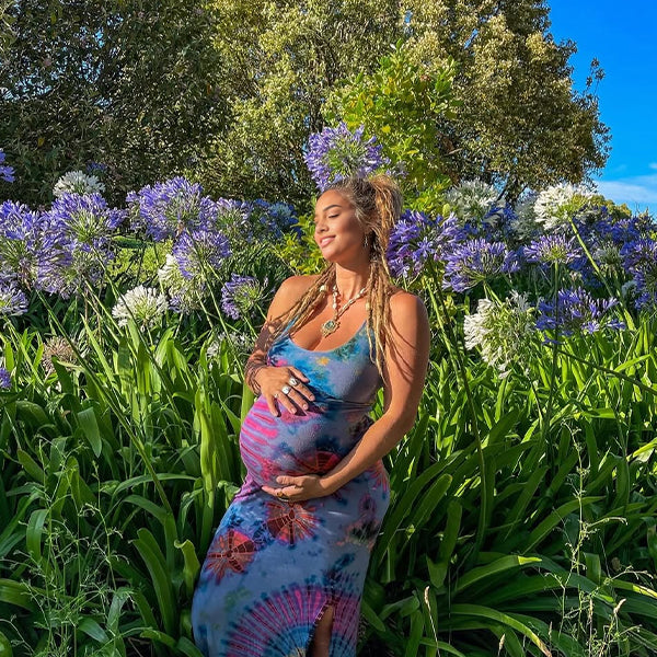 Momsmood Royal blue Print Spaghetti Straps Slit Tie Back Elegant Maternity Photoshoot Baby Shower Maxi Dress