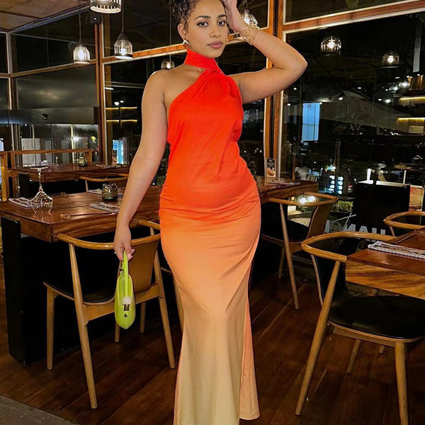 Momsmood Orange Halter Neck Mermaid Flowy Elegant Maternity Photoshoot Baby Shower Maxi Dress