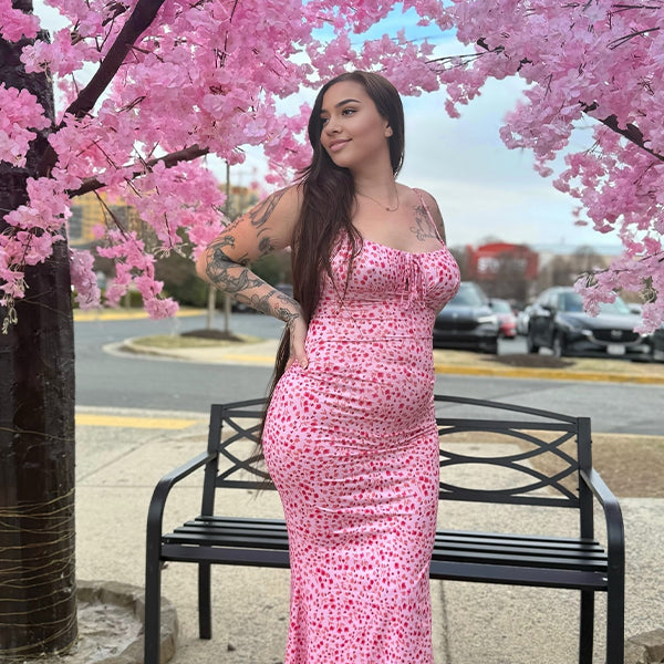 Momsmood Pink Flowers Spaghetti Straps Mermaid Bodycon Elegant Maternity Photoshoot Maxi Dress