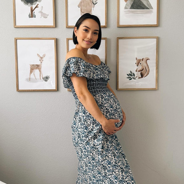 Momsmood Blue Pleated Ruffle Flowers Off-shoulder Bodycon Elegant Maternity Photoshoot Maxi Dress