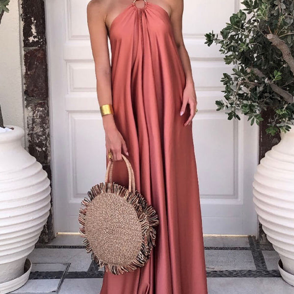 Momyknows Pink Halter Neck Cut Out Backless Flowy Elegant Party Maternity Photoshoot Maxi Dress