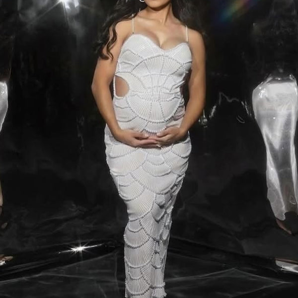 Momyknows White Spaghetti Straps Sequin Slit Bodycon Party Elegant Maternity Photoshoot Maxi Dress