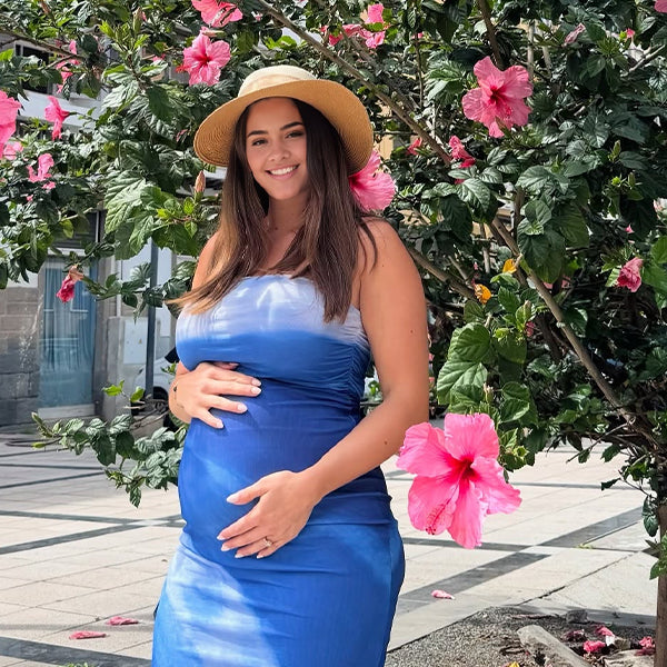 Momsmood Blue And White Bandeau Sleeveless Grenadine Print Bodycon Maternity Photoshoot Maxi Dress