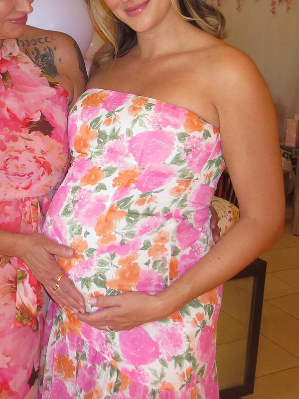 Momsmood Pink Bandeau Flowers Slit Flowy Elegant Maternity Baby Shower Maxi Dress