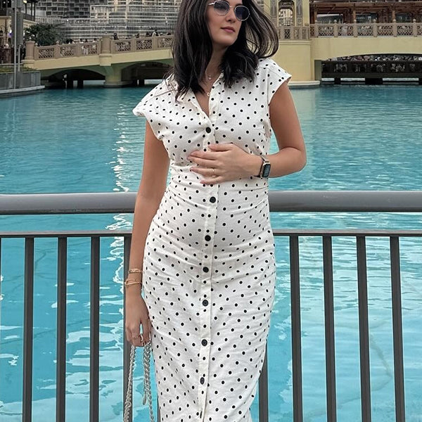 Polka Dots Buttons Lace Maternity Ruched Maxi Dresses