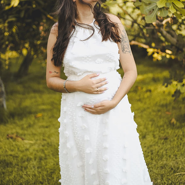 Momsmood White Stereoscopic Flowers Lace-up Halter Neck Open Back Cocktail Banquet Baby Shower Maternity Photoshoot Maxi Dress