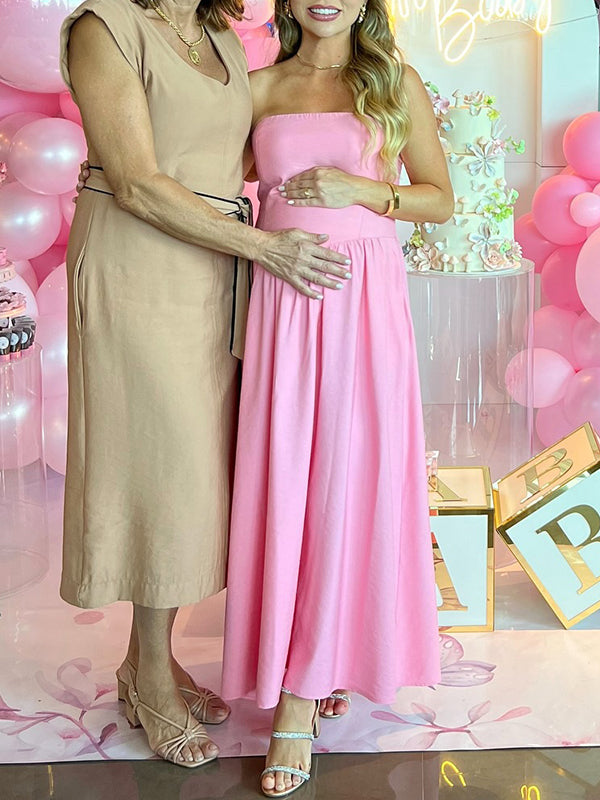 Momsmood Pink Ruched Open Back Off-Shoulder Going out Banquet Baby Shower Maternity Photoshoot Maxi Dress