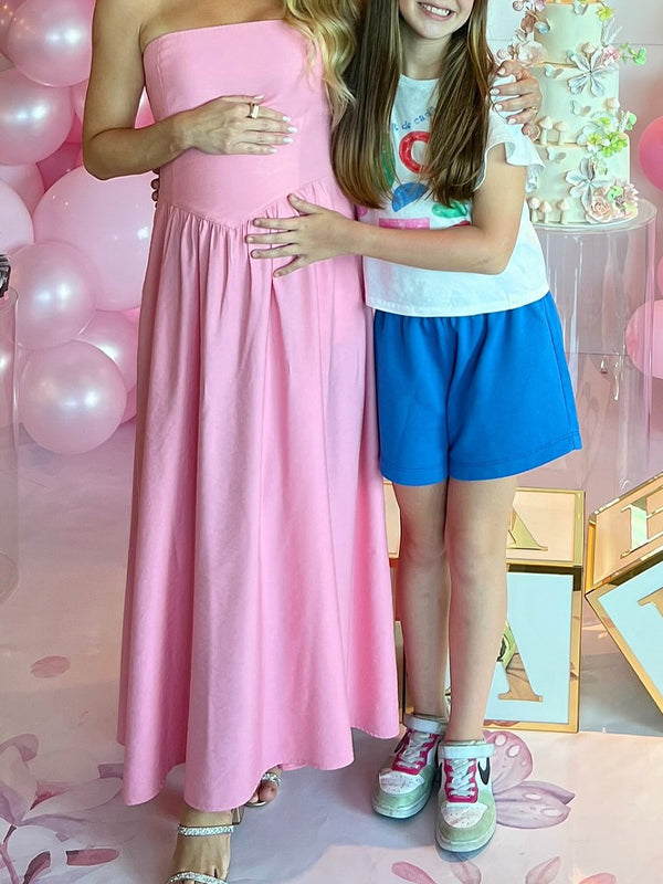 Momsmood Pink Ruched Open Back Off-Shoulder Going out Banquet Baby Shower Maternity Photoshoot Maxi Dress