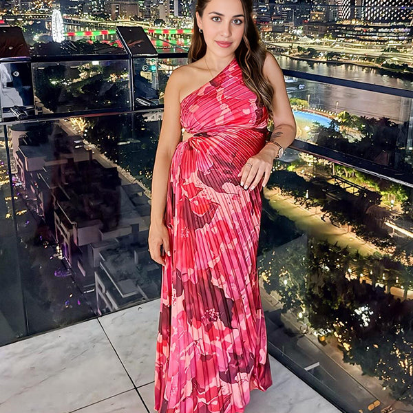 Momsmood Oblique Shoulder Ruched Skeleton Vacation Beach Maternity Photoshoot Maxi Dress