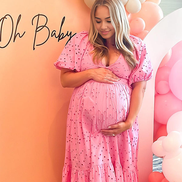 Momsmood Pink V neck Puff Sleeve Skeleton Buttons Vacation Party Baby Shower Maternity Photoshoot Maxi Dress