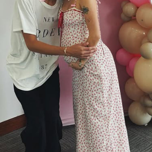 Momsmood Pink Crushed Flower Striped lace-up Vacation Party Baby Shower Maternity Photoshoot Maxi Dress