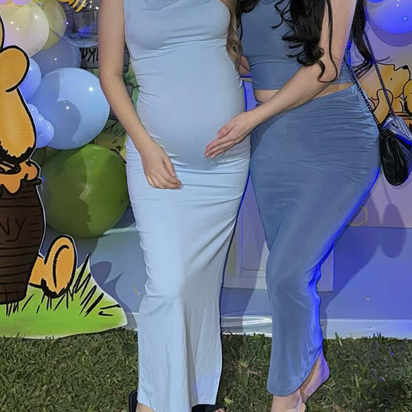 Momsmood Blue Oblique Shoulder Ruched Bodycon Banquet Party Baby Shower Maternity Photoshoot Maxi Dress