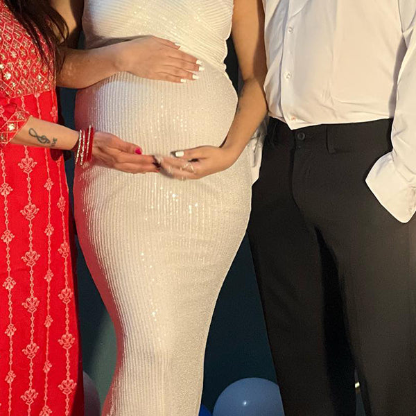 Momsmood White Sequin Spaghetti Strap Bodycon Banquet Ceremony Baby Shower Maternity Photoshoot Maxi Dress