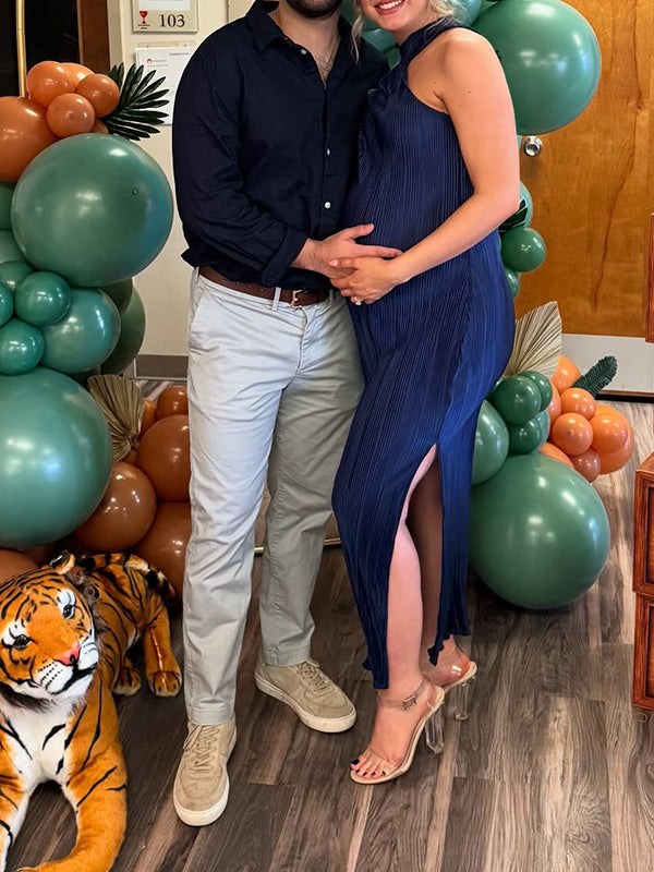 Momsmood Dark Blue Halter Neck Off Shoulder Kink Side Slit Baby Shower Maternity Photoshoot Maxi Dress