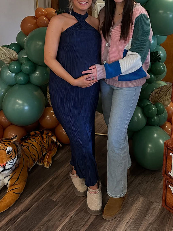 Momsmood Dark Blue Halter Neck Off Shoulder Kink Side Slit Baby Shower Maternity Photoshoot Maxi Dress