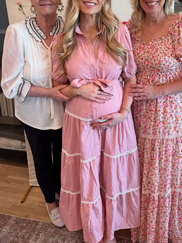 Momsmood Pink Lace-up Buttons Ruched Puff Sleeve Daily Going out Baby Shower Maternity Photoshoot Maxi Dress